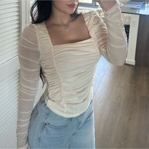 Cream Ruched Square-Neck Long Sleeve Top